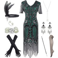 Load image into Gallery viewer, 1920s Sequin Fringe Flapper Dress Costume Accs Set with Sleeve Small Black&amp;Green
