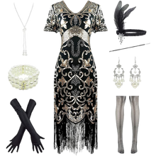 Load image into Gallery viewer, 1920s Sequins Gatsby Cocktail Flapper Dresses Medium Black Silver
