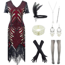 Load image into Gallery viewer, 1920s Sequins Gatsby Flapper Plus Dresses 20s Headband Accs Set XL Black Red
