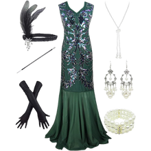 Load image into Gallery viewer, 1920&#39;S Mermaid Flapper Gown Party Evening Dress With Accessories Set Green Large
