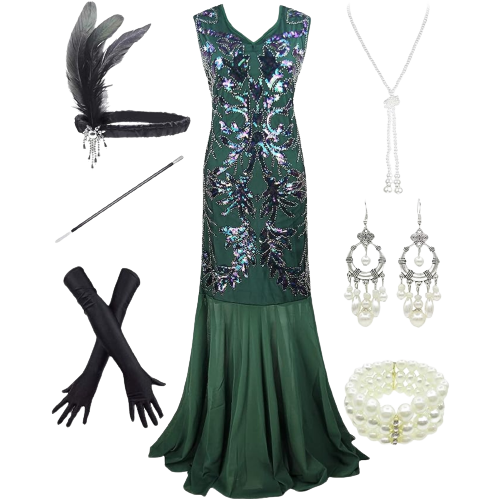 1920'S Mermaid Flapper Gown Party Evening Dress With Accessories Set Green Large