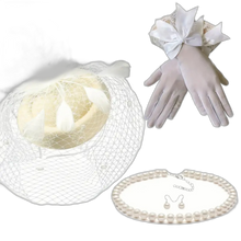 Load image into Gallery viewer, 4Pcs Beige Fascinator Hat Headband Short Gloves Faux Pearl Necklace &amp; Earrings
