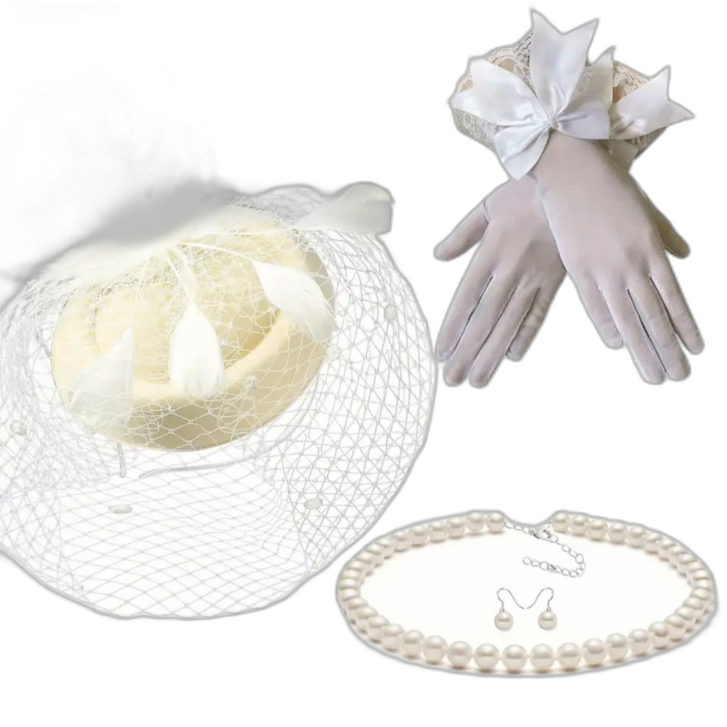 4Pcs Beige Fascinator Hat Headband Short Gloves Faux Pearl Necklace & Earrings