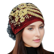 Load image into Gallery viewer, Red Beanie with Golden Beads Breathable Head Wrap and Chemo Cap Women &amp; Girls
