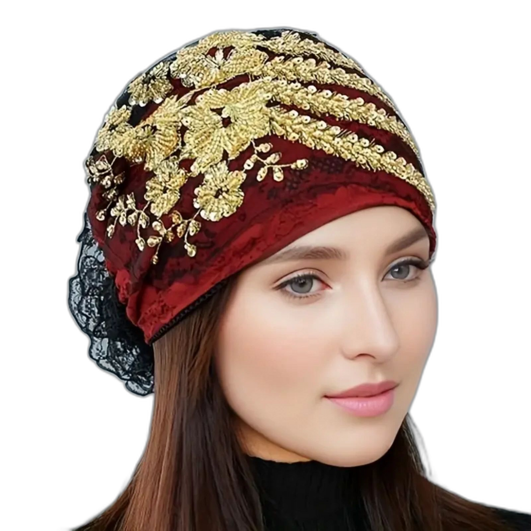 Red Beanie with Golden Beads Breathable Head Wrap and Chemo Cap Women & Girls