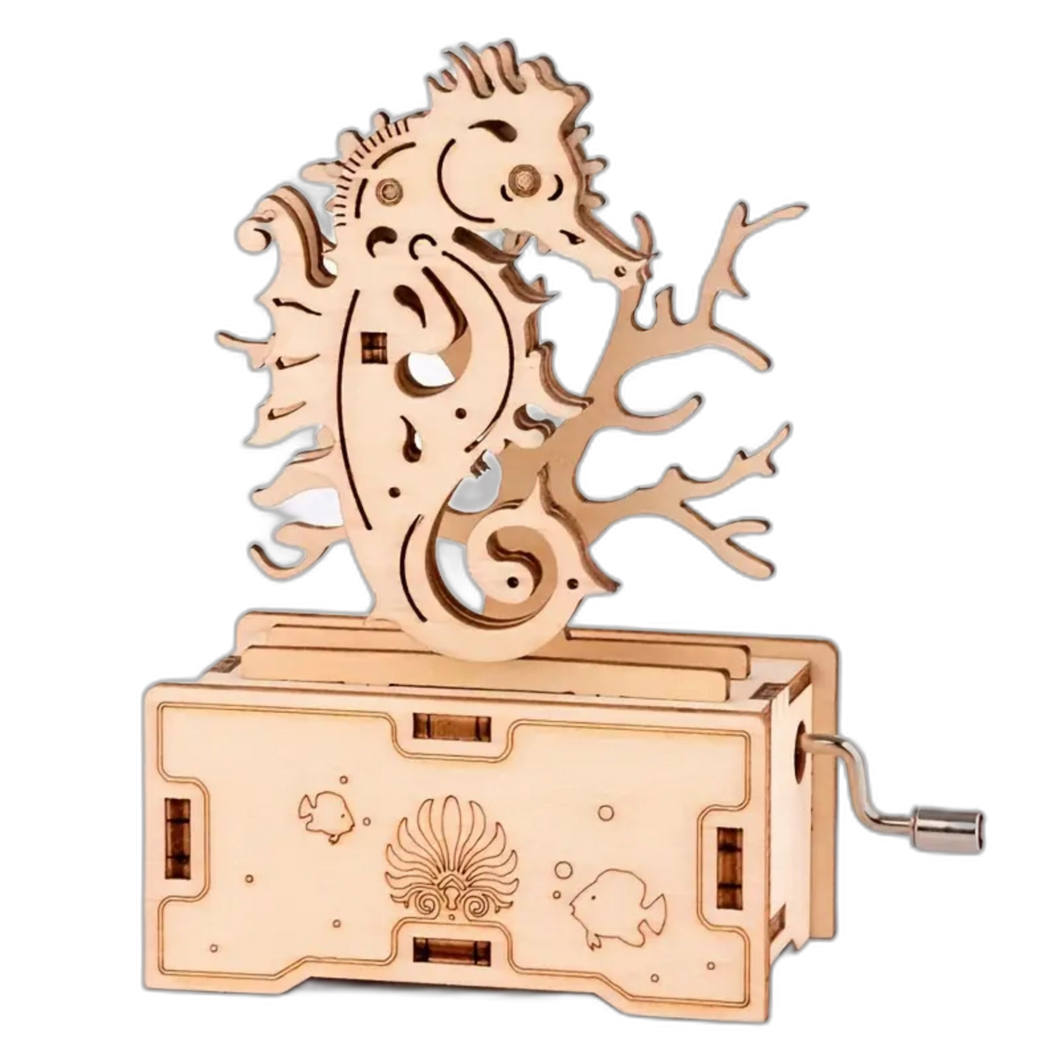 3D Seahorse Wooden Puzzle Music Box Model Kit Toy Carved Handmade Mechanical Toy