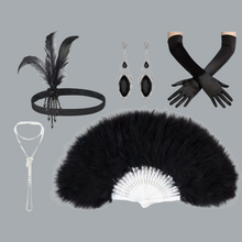 Load image into Gallery viewer, 1920s Flapper Black Headpiece Earrings Gloves Faux Pearl Necklace Feather Fan
