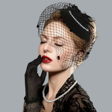 Load image into Gallery viewer, Feather Hat Shaped Hair Barrette Veil Faux Pearl Necklace Elegant Lace Gloves
