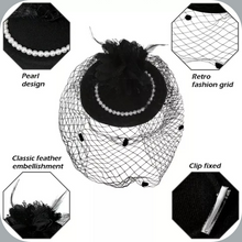 Load image into Gallery viewer, Feather Hat Shaped Hair Barrette Veil Faux Pearl Necklace Elegant Lace Gloves
