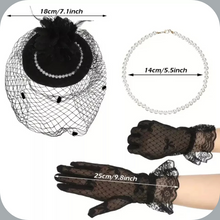 Load image into Gallery viewer, Feather Hat Shaped Hair Barrette Veil Faux Pearl Necklace Elegant Lace Gloves
