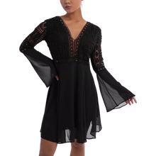 Load image into Gallery viewer, Lace Boho Dress Crochet High Waisted Solid Elegent Ruffle Short Dress Black Sm
