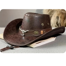 Load image into Gallery viewer, Large Brim Bull&#39;s Head Rivet Belt Outdoor Riding Hat Unisex Faux Leather
