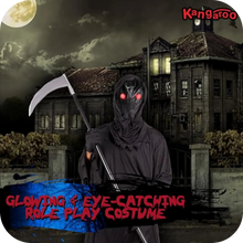 Load image into Gallery viewer, Grim Reaper Costume For Kids Costume With Glowing Red Eyes Youth MED 8-10
