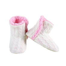 Load image into Gallery viewer, Cable Knit Slippers House Booties Soft Sherpa Lining Rubber Soles White/Pink S/M
