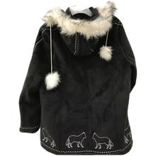 Load image into Gallery viewer, Vintage Women&#39;s Ameri Mode Faux Fur Embroidered Wolf Black Polyester Coat Size L
