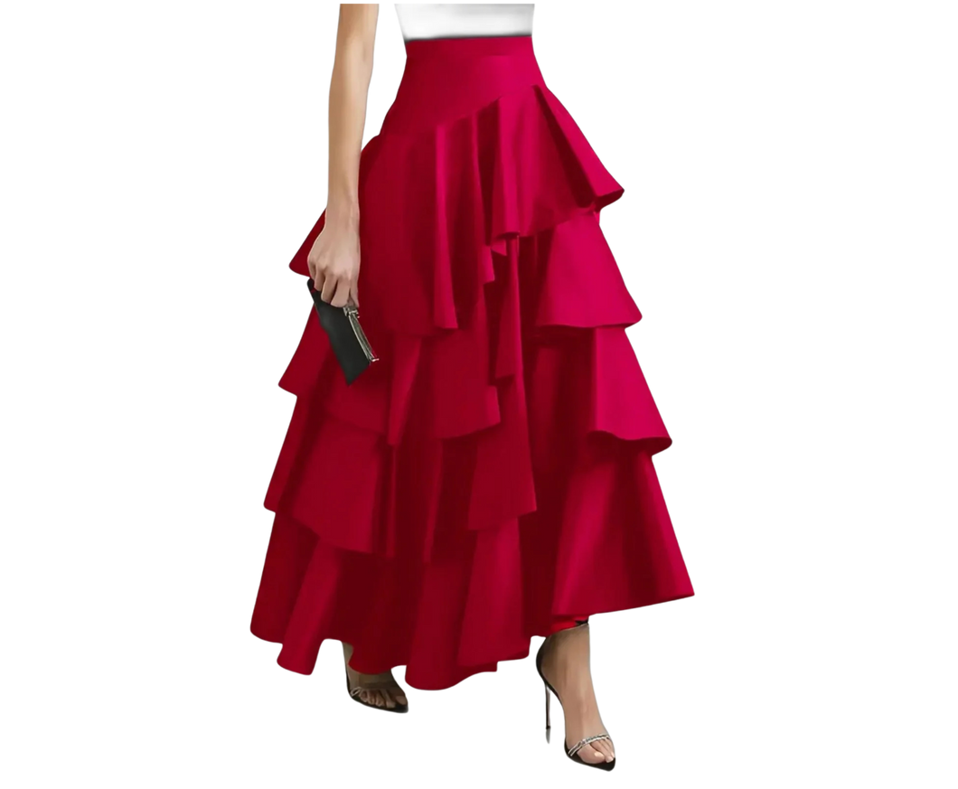 Layered Ruffle Asymmetrical Hem Skirt High Waist Fall & Winter Red US Size 12