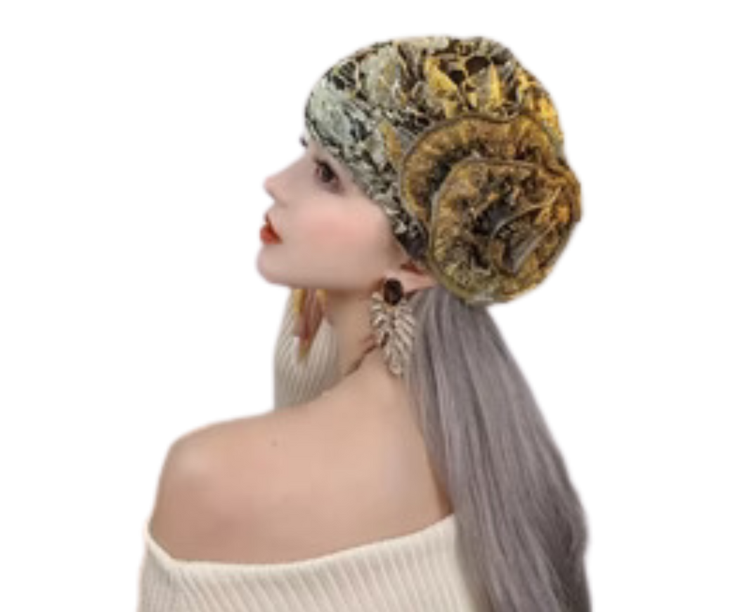 Floral Turban Hat Vintage Hollow Lace Headscarf Big Flower Hair Covering Golden