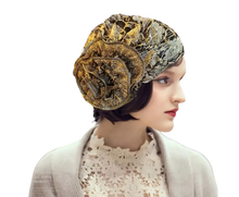 Load image into Gallery viewer, Floral Turban Hat Vintage Hollow Lace Headscarf Big Flower Hair Covering Golden
