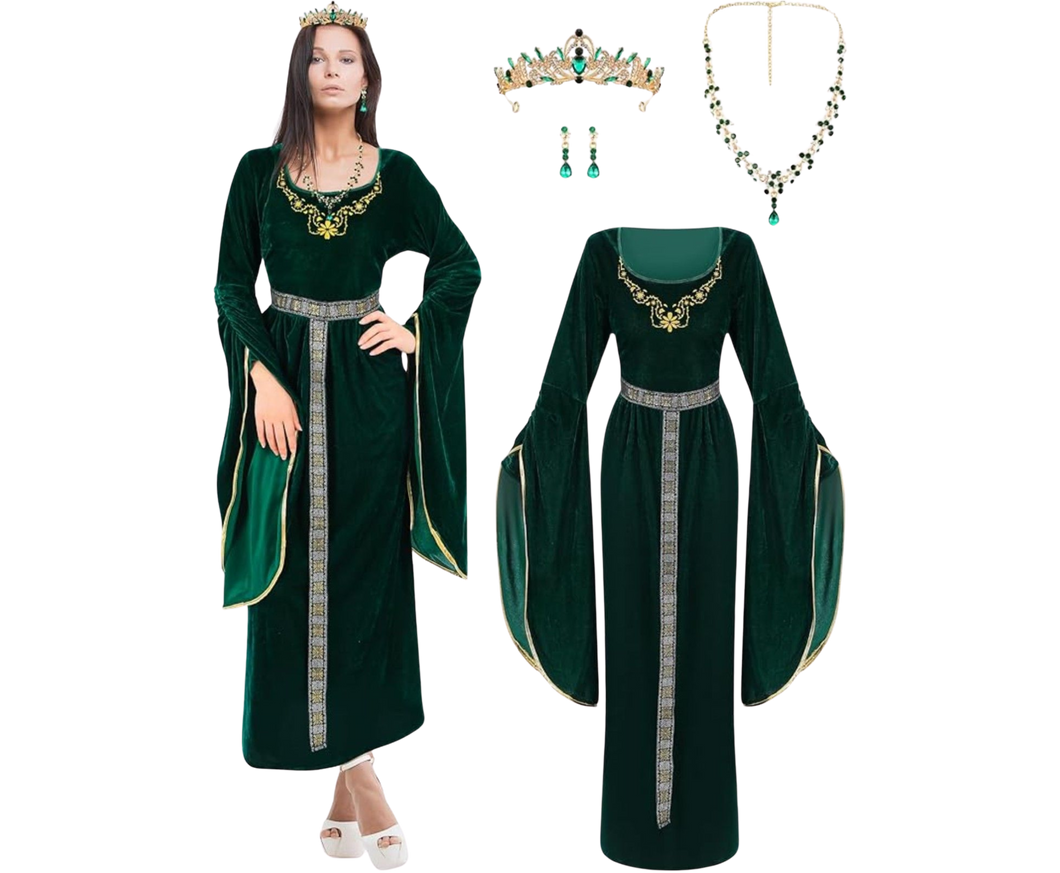 4 Pcs Medieval Women Princess Dress with Waistband Renaissance Green L