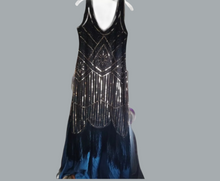 Load image into Gallery viewer, Sequined Fringe Hem Flapper Vintage Sleeveless Tank Dress BLACK &amp; GOLD US14
