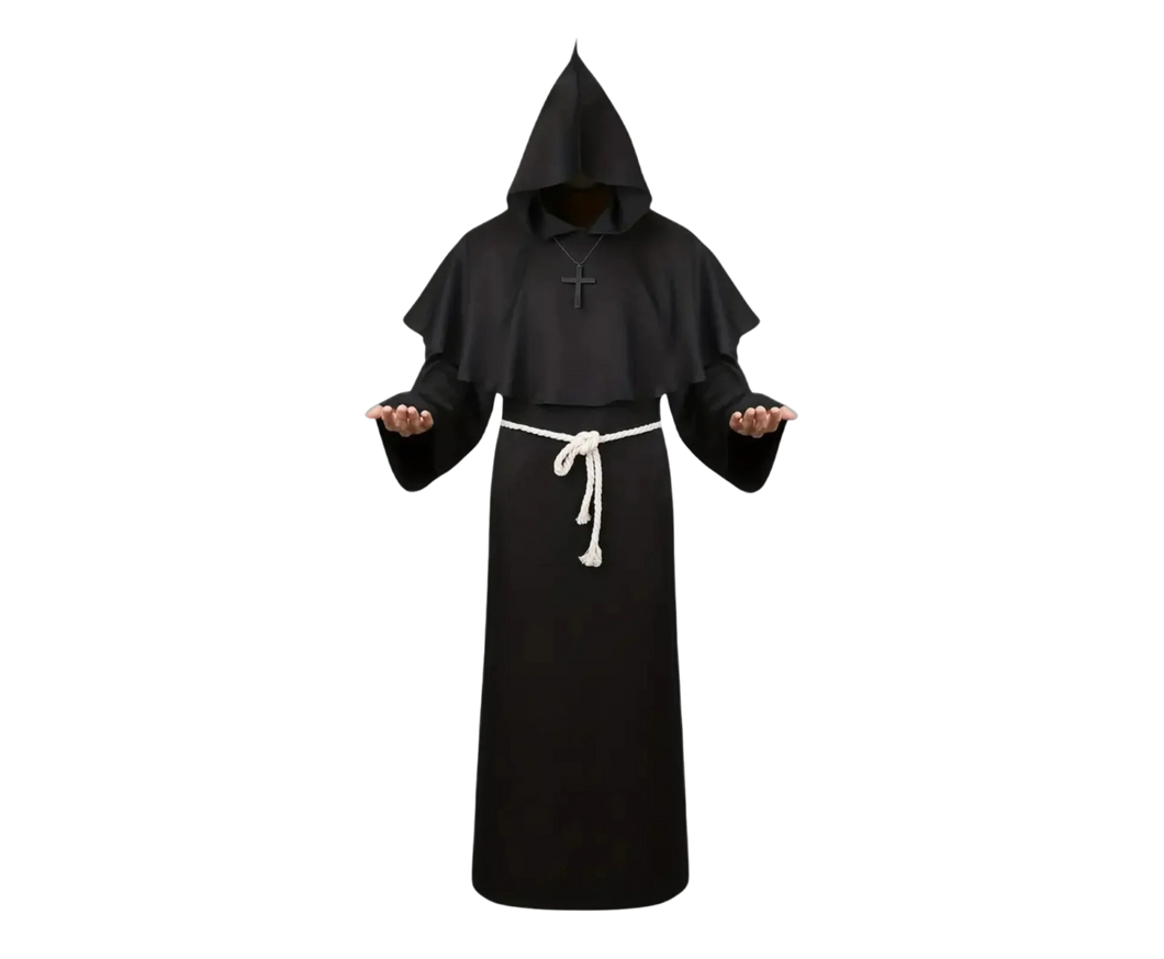 Medieval Renaissance Priest Cloak Robe, Hooded Black Size 44