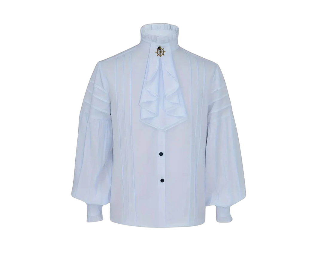 Renaissance Pirate Frill Trim Long Sleeves Black Buttons Shirt White Size 44