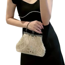 Load image into Gallery viewer, Faux Pearl &amp; Rhinestone Kiss Lock Clutch Bag Floral Handle Metal Chain Crossbody
