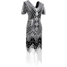 Load image into Gallery viewer, 1920s Sequins Gatsby Cocktail Flapper Dress Medium Black Silver
