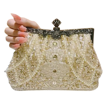 Load image into Gallery viewer, Faux Pearl &amp; Rhinestone Kiss Lock Clutch Bag Floral Handle Metal Chain Crossbody
