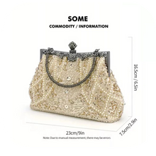 Load image into Gallery viewer, Faux Pearl &amp; Rhinestone Kiss Lock Clutch Bag Floral Handle Metal Chain Crossbody
