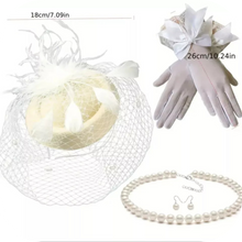 Load image into Gallery viewer, 4Pcs Beige Fascinator Hat Headband Short Gloves Faux Pearl Necklace &amp; Earrings
