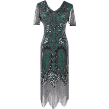 Load image into Gallery viewer, 1920s Sequin Fringe Flapper Dress Costume Accs Set with Sleeve Small Black&amp;Green
