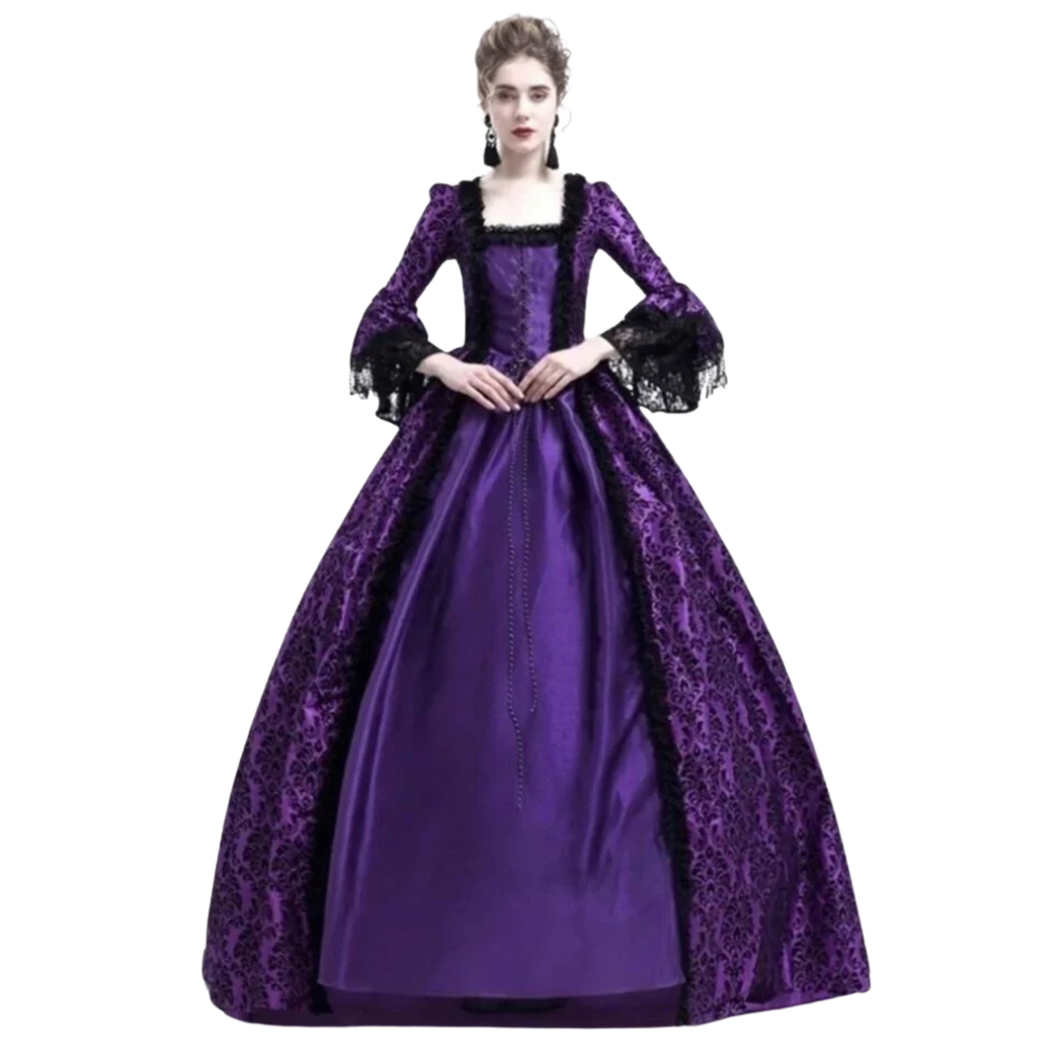 Long Sleeve Medieval Victorian Court Lace Gothic Dress Cosplay Purple Asian5XL