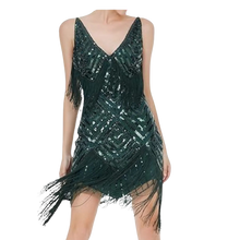 Load image into Gallery viewer, 1920s Great Gatsby Dress Sequin Flapper Dress Slip Mini Short Dress M Dark Green
