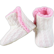 Load image into Gallery viewer, Cable Knit Slippers House Booties Soft Sherpa Lining Rubber Soles White/Pink S/M
