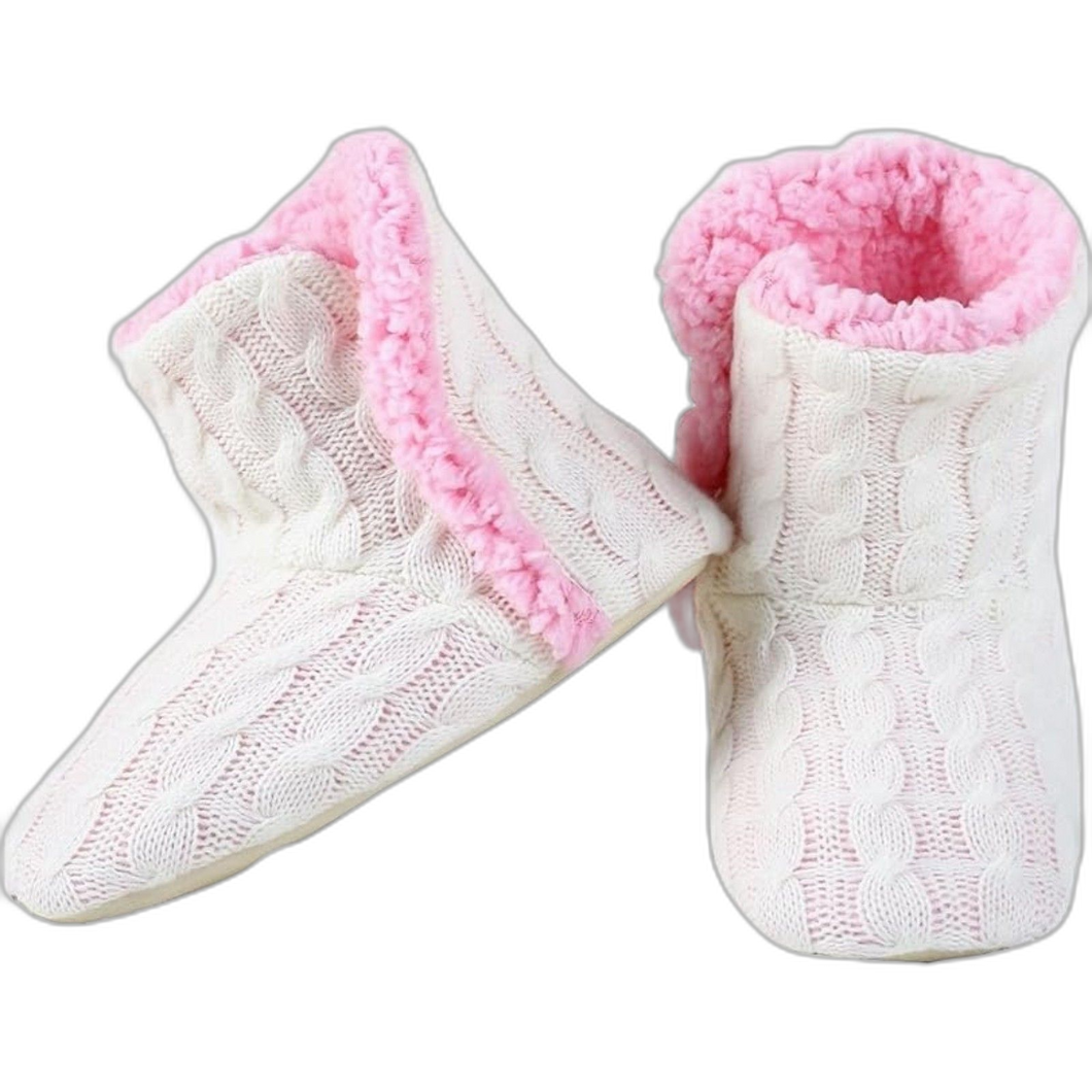 Cable Knit Slippers House Booties Soft Sherpa Lining Rubber Soles White/Pink S/M