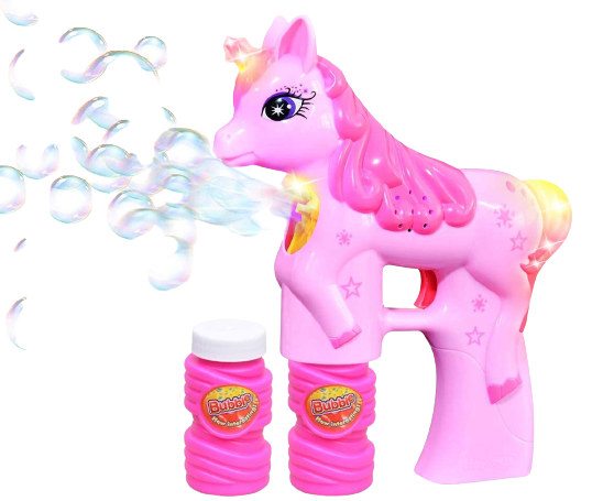 Unicorn Bubble Gun Bubble Blaster Toy for Party Favors Parent-Friendly Sound-Free Design, Extra Refill Bottle and Batteries Included