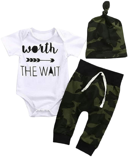 3pcs Baby Letter Print Romper Camouflage Pants Hat Outfits Set Up to 21 Pounds